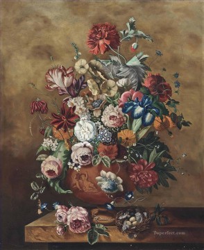  Clavel Pintura - Rosas, claveles, loros, tulipanes campanillas y otras flores en una urna esculpida y un nido de huevos Jan van Huysum